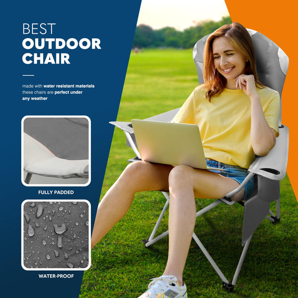 Voyager Folding Camping Chairs 2 Pack with Cooler Bag, Lightweight Q195 Steel Frame, 600D Oxford Fabric, Portable & Comfortable - Black (Black, Padded)