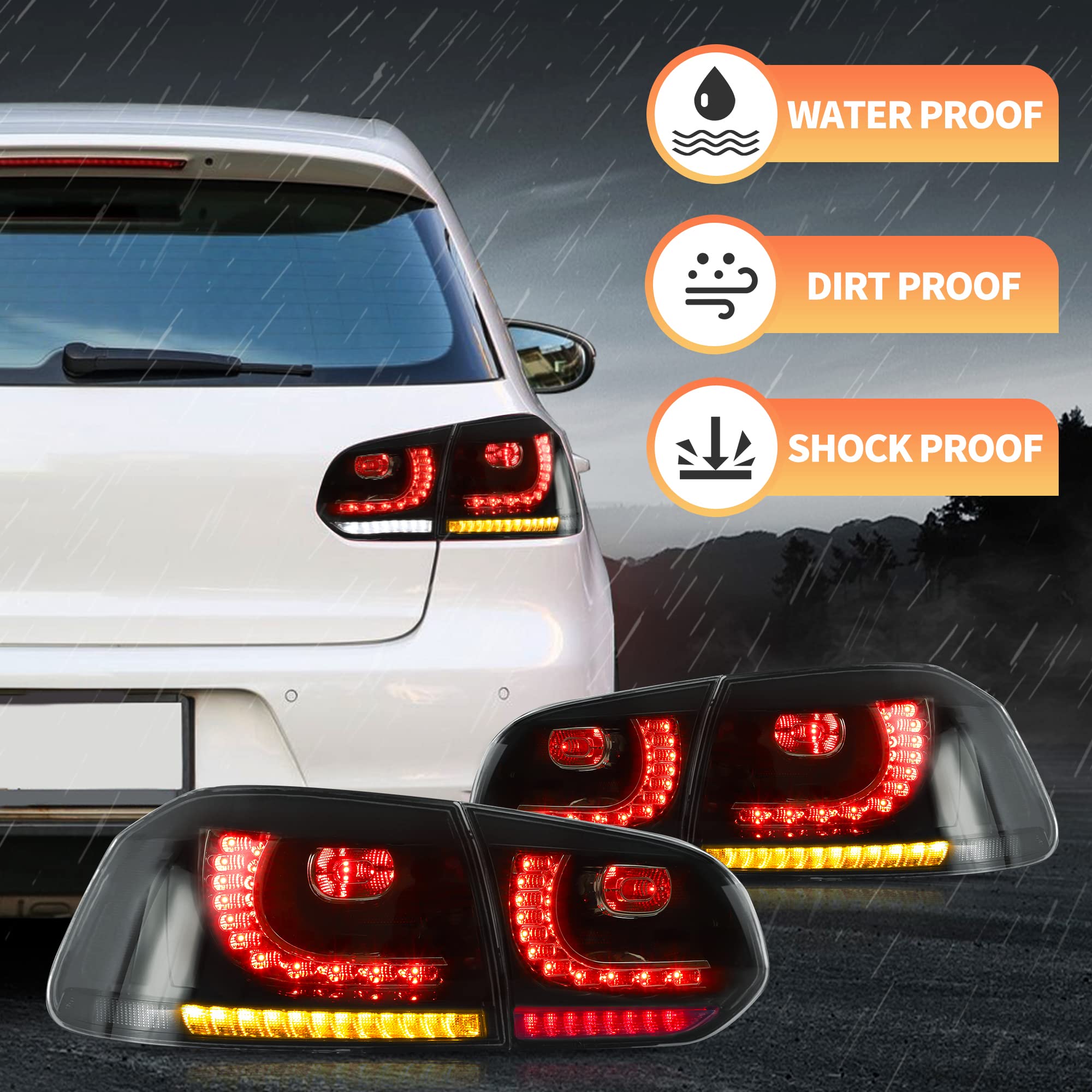 VLAND LED Rear Lights for Golf6 MK6 GTD R TSI 2008-2013 Tail Lights Lamps Assembly with Sequential Indicator, E-mark, One Pair (Smoked)