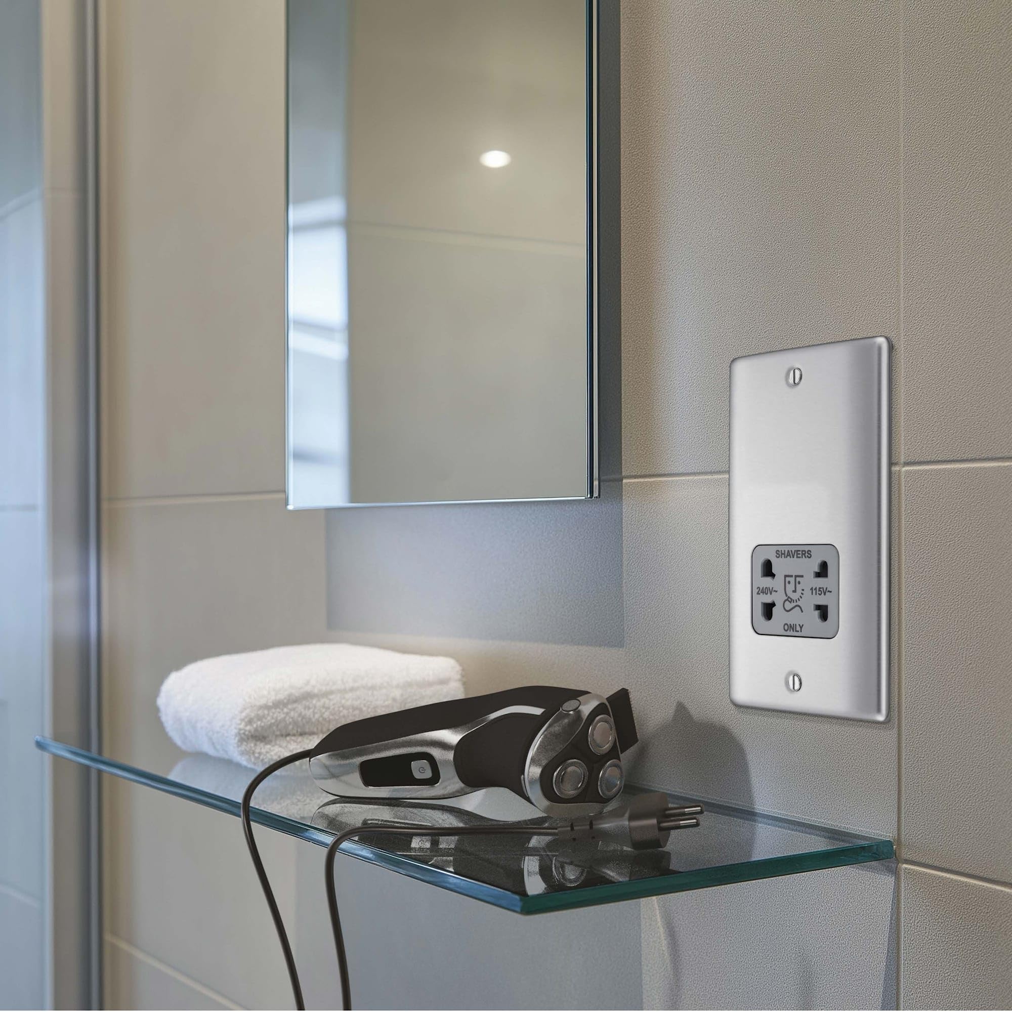 BG Electrical Cooker Switch with Socket and LED, Cooker Control Unit, Control Socket, Double Pole, Raised Profile, Round Edges, Nexus Metal, Brushed Steel, Grey Inserts, 45A, NBS70G