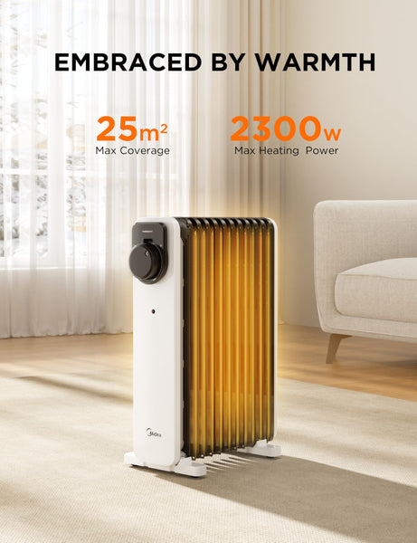 Midea Oil Filled Radiator, 2300W, 11-Fin Portable Electric Heater with Knob Controls, Adjustable Thermostat, 3 Heat Settings, Tip-Over & Overheat Protection, UltraQuiet Operation for Office & Home Use