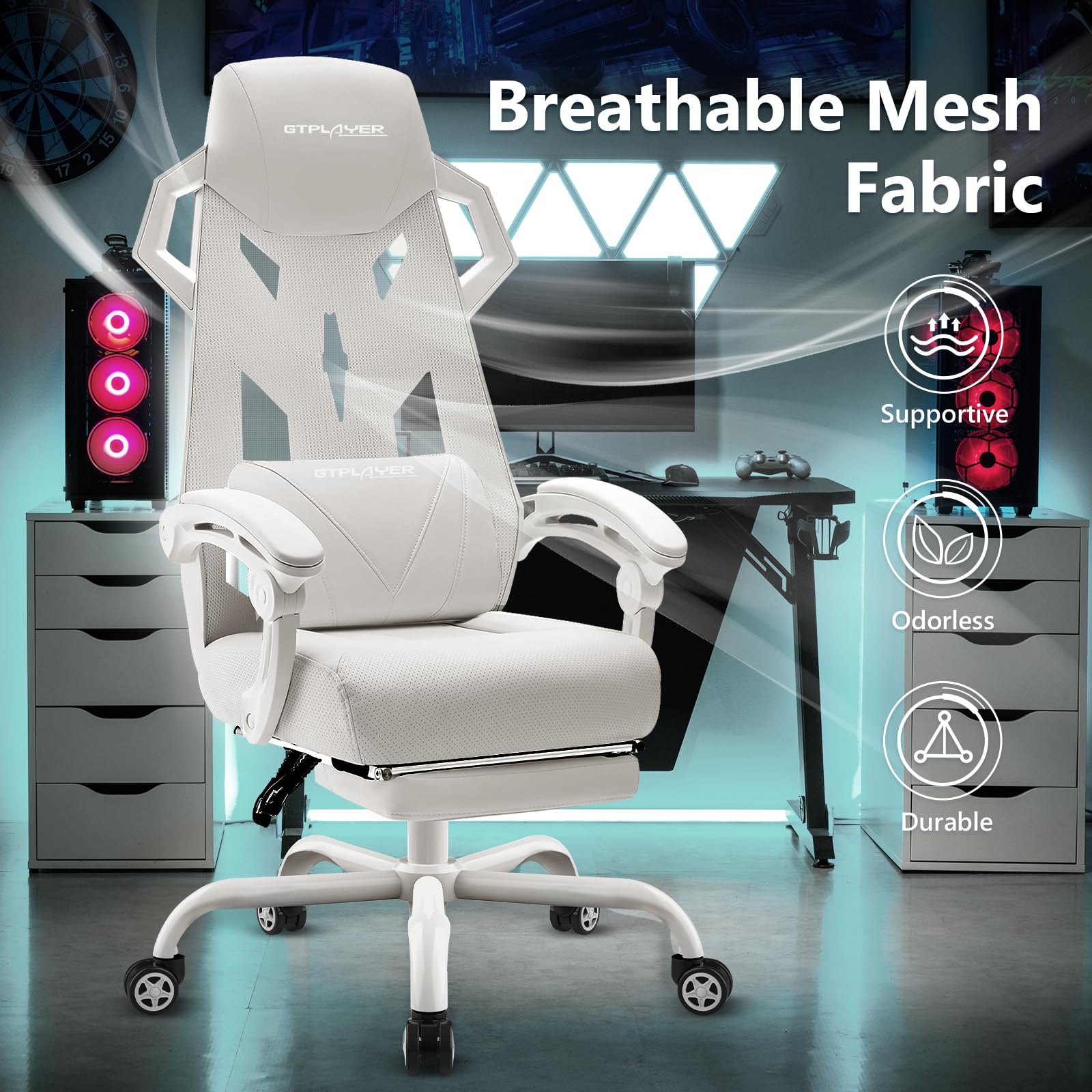 GTPLAYER Mesh Gaming Chair with Footrest 3D Stereoscopic Frame Support Ergonomic Fabric CoverReclining Computer Office Desk Chair Height Adjustable