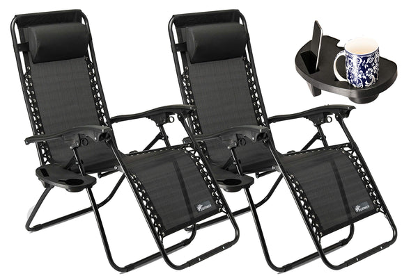Set of 2 Sun Lounger Garden Chairs With Cup And Phone Holder | Adjustable Headrest Pillow | Deck Folding Recliner Zero Gravity Outdoor Chair - Black