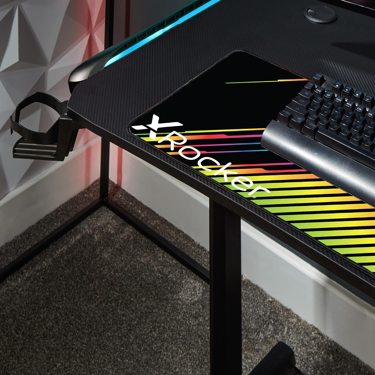 X ROCKER Panther RGB Gaming Desk with Neo Motion Multicolour LED Lighting Technology and Free Mouse Pad Included, Sturdy Home Office Computer Table