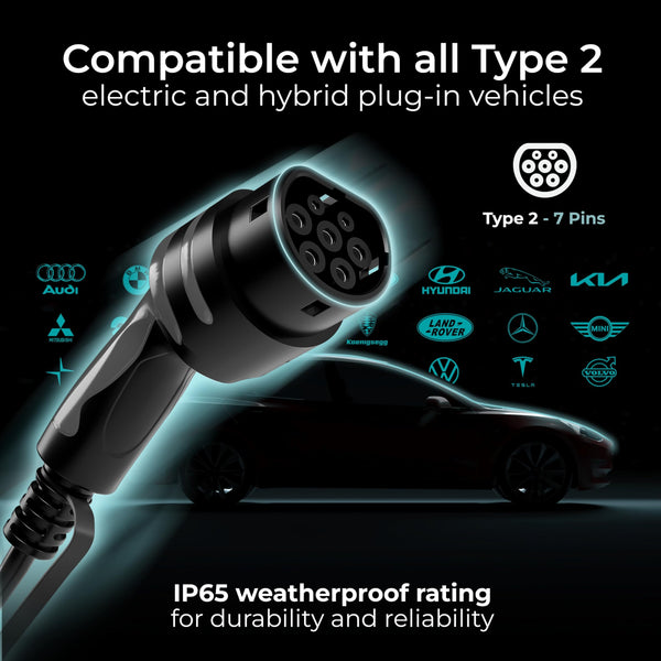 Masterplug Smart EV Home Wall Charger for Type 2 Electric and Plug-In Hybrid Vehicles, Tethered with 5m Cable, Mode 3, App Control, Solar Charging, Single Phase, Black, IP55, 7.4kW, 32A, EVCM3ST7B-MP