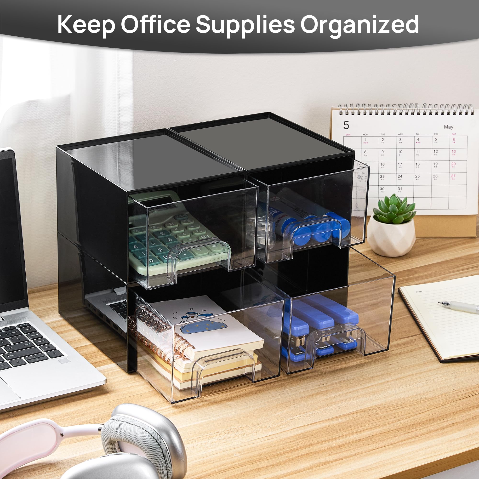 Vtopmart 4 pack Clear Stackable Storage Drawer, 4.4 Inch Tall Acrylic Bathroom Makeup Organiser, Plastic Storage box for Vanity, Under Sink, Kitchen Cupboard, Pantry, Home Organization