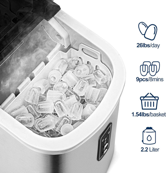 Ice Maker Machine Countertop Ice Cube Maker with Portable Handle, 9 Ice Cubes in 6 Mins, Self-Cleaning Compact Ice Maker 12 kg in 24 Hrs, with Ice Scoop and Basket for Home/Kitchen/Office/Bar