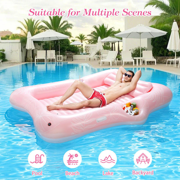 MoKo Pool Floats Adult, Floating Bed with Ice Bar, Tanning Bed Pool Raft Inflatable Lounger with Drink Holder Tanning Chair Inflatable Pool Toys for Party Beach Backyard