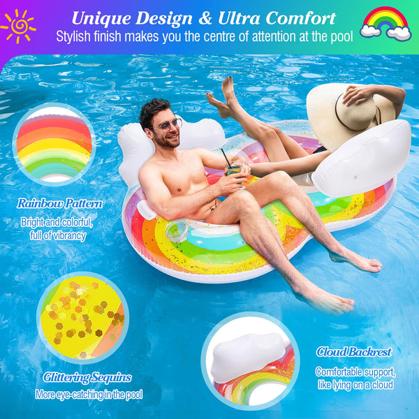 MoKo Pool Floats Adult, Floating Bed with Ice Bar, Tanning Bed Pool Raft Inflatable Lounger with Drink Holder Tanning Chair Inflatable Pool Toys for Party Beach Backyard