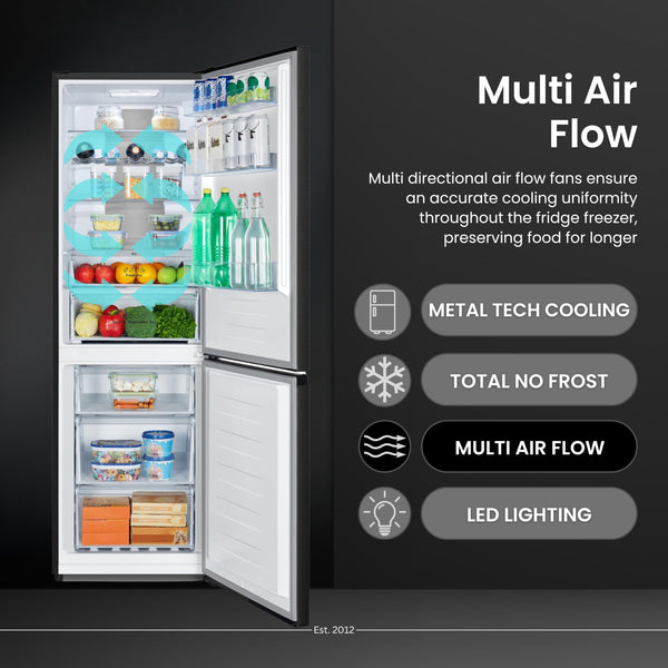 Teknix FFH1825WB 55cm Freestanding 50/50 Fridge Freezer - 256 Litre Capacity - Total No Frost - Non-plumbed Water Dispenser - Black, H182.5 x W55 x D56.2 (cm)