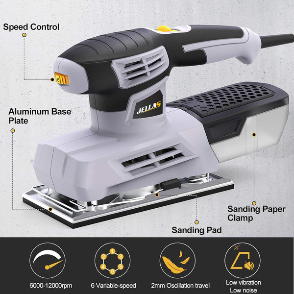 Jellas Sander, 220W 1/3 Sheet Sander, 12000RPM 6 Variable Speeds Electric Sander for Wood with Dust Collection Box, 12Pcs Sanding Sheets, Fast Paper Clamping Mechanism