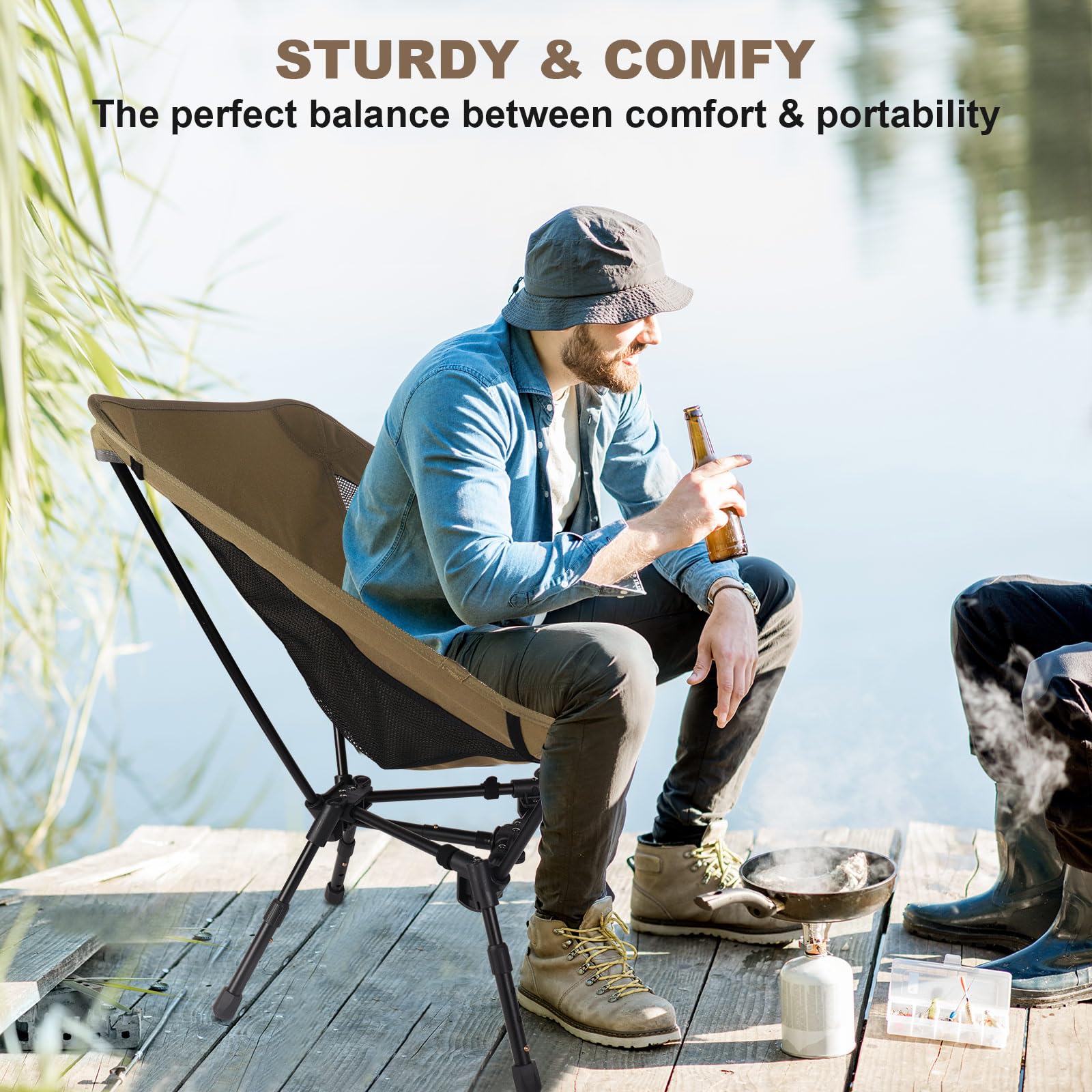 Portable Folding Camping Chair: Lightweight Height Adjustable Camping Chairs Stable Supports 330 Lbs with Side Pockets for Outdoor Camp, Travel, Beach, Lawn (Black)