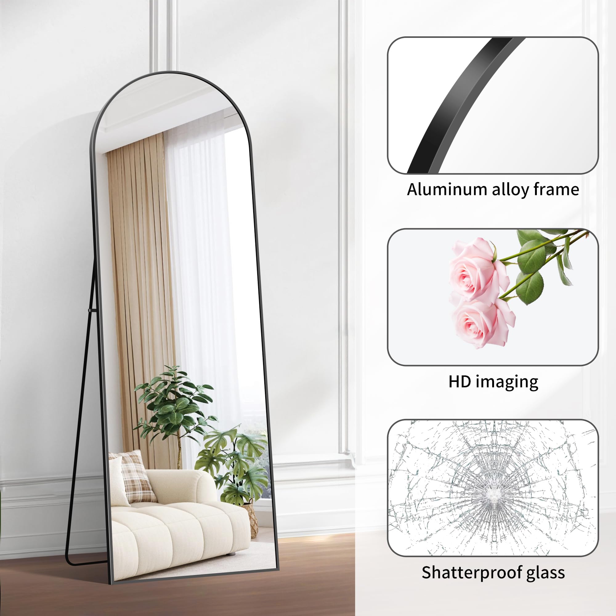 BONEWEI Arched Full Length Mirror, 161x52cm Full Body Free Standing Mirror Black Aluminium Frame, Large Floor Mirror Standing Hanging or Leaning