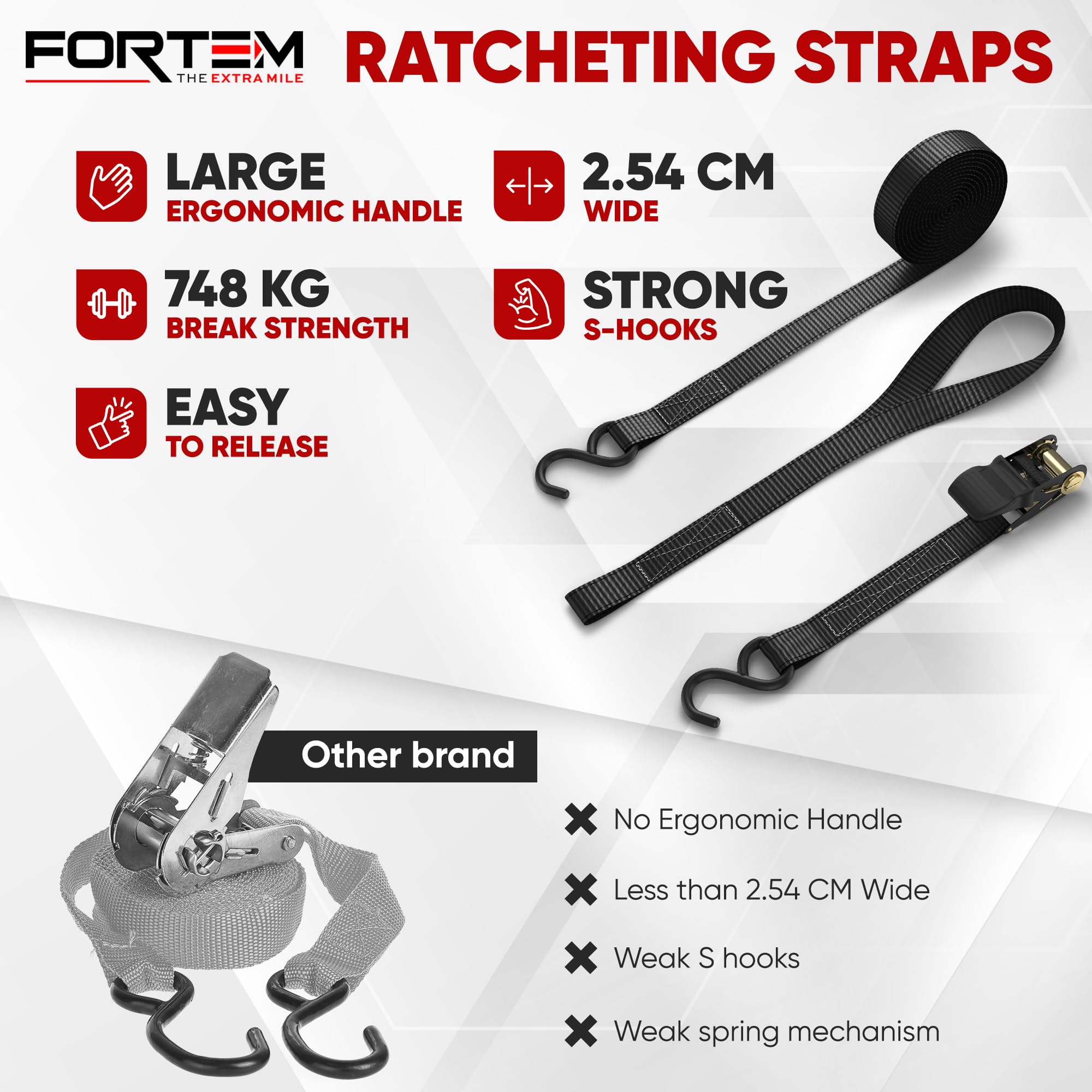 FORTEM Ratchet Straps, 748kg Break Strength, 4 Pack 4.6m x 2.54cm Tie Down Strap Set, 4 Soft Loops, Motorcycle Straps Tie Downs, Cargo Cam Buckles, Rubber Handles, Carry Bag