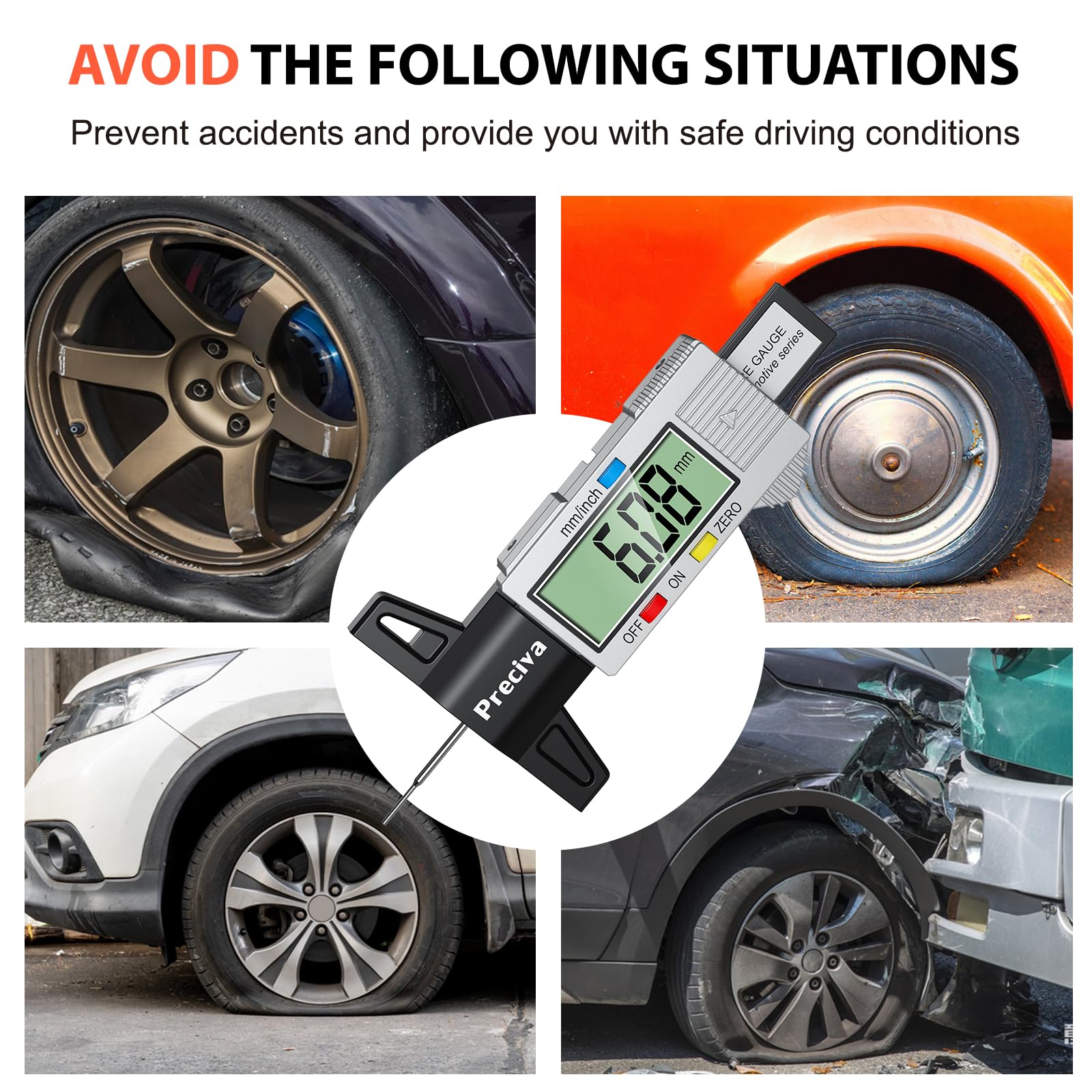 Tyre Tread Depth Gauge, Preciva Silver 0-25.4mm/Inch Digital Tire Checker UK, Tyres Depths Measuring Tool with Large LCD Screen for Cars, Trucks, Vans