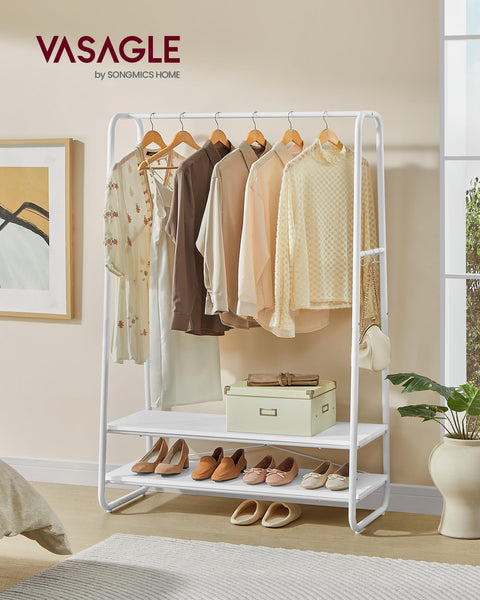 VASAGLE Clothes Rail, Clothes Rack with 2 Shelves, 6 S-Shaped Hooks, Steel Frame, for Bedroom, Rustic Brown and Black RGR112B01