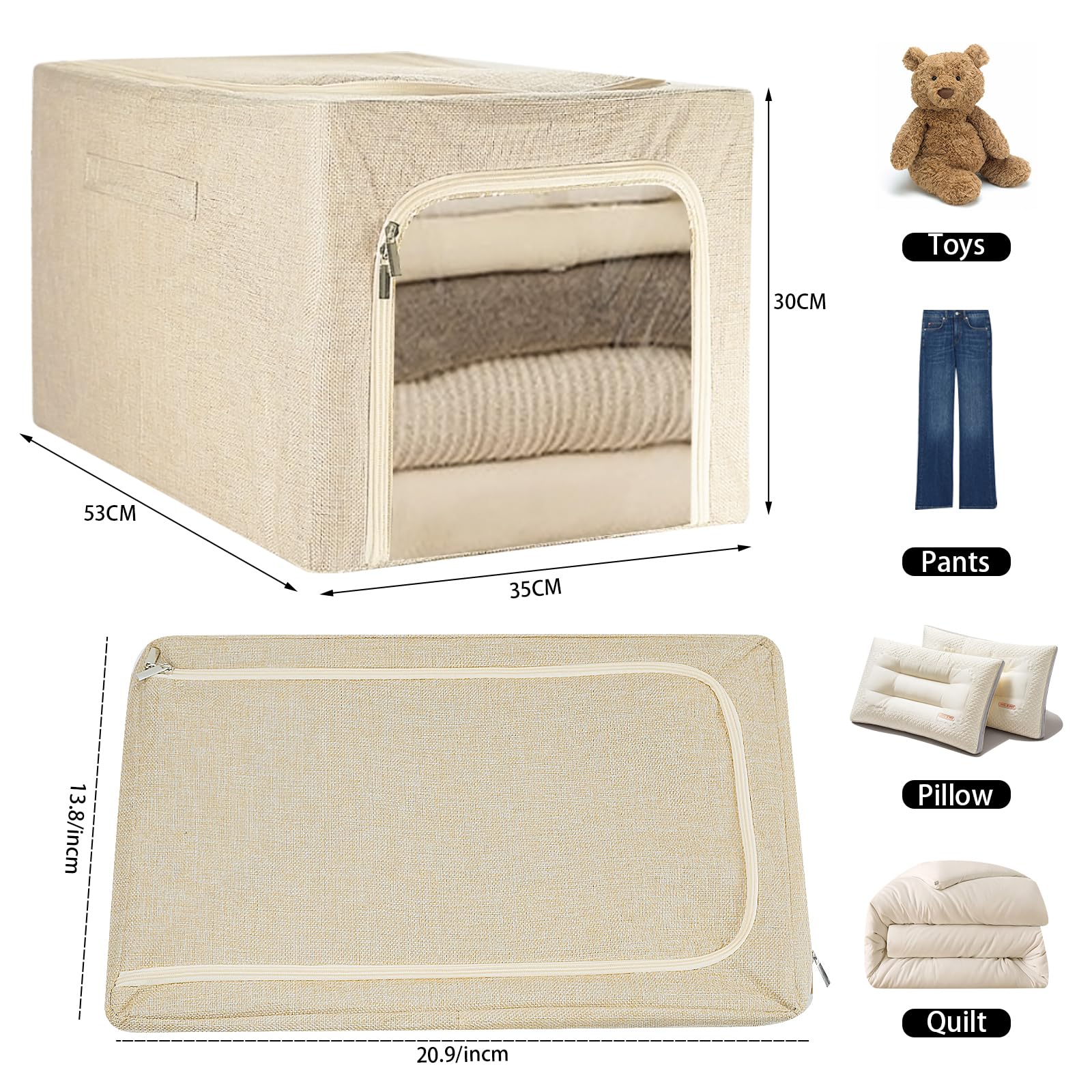 55L Clothes Storage Bag, Collapsible Storage Box, Stackable Metal FrameThick Oxford cloth Protect from Moisture Dust Handle Double Opening Zipper for