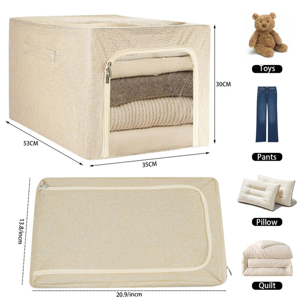 55L Clothes Storage Bag, Collapsible Storage Box, Stackable Metal FrameThick Oxford cloth Protect from Moisture Dust Handle Double Opening Zipper for