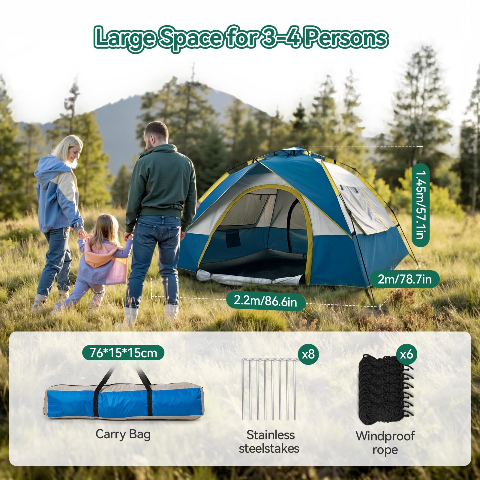 Warmiehomy Camping Tent, 3-4 Person Pop up Tent, Automatic Waterproof Dome Tent with 2 Mesh Doors, 2 Mesh Windows, Roof Skylights, Outdoor Camping Tents for Garden Fishing Picnic