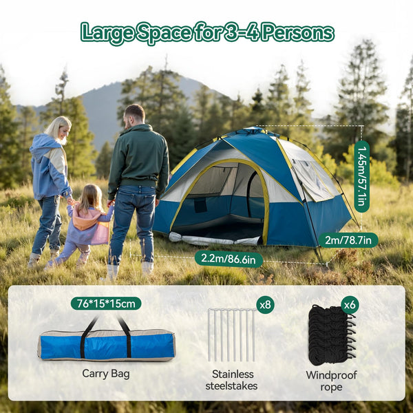 Warmiehomy Camping Tent, 3-4 Person Pop up Tent, Automatic Waterproof Dome Tent with 2 Mesh Doors, 2 Mesh Windows, Roof Skylights, Outdoor Camping Tents for Garden Fishing Picnic