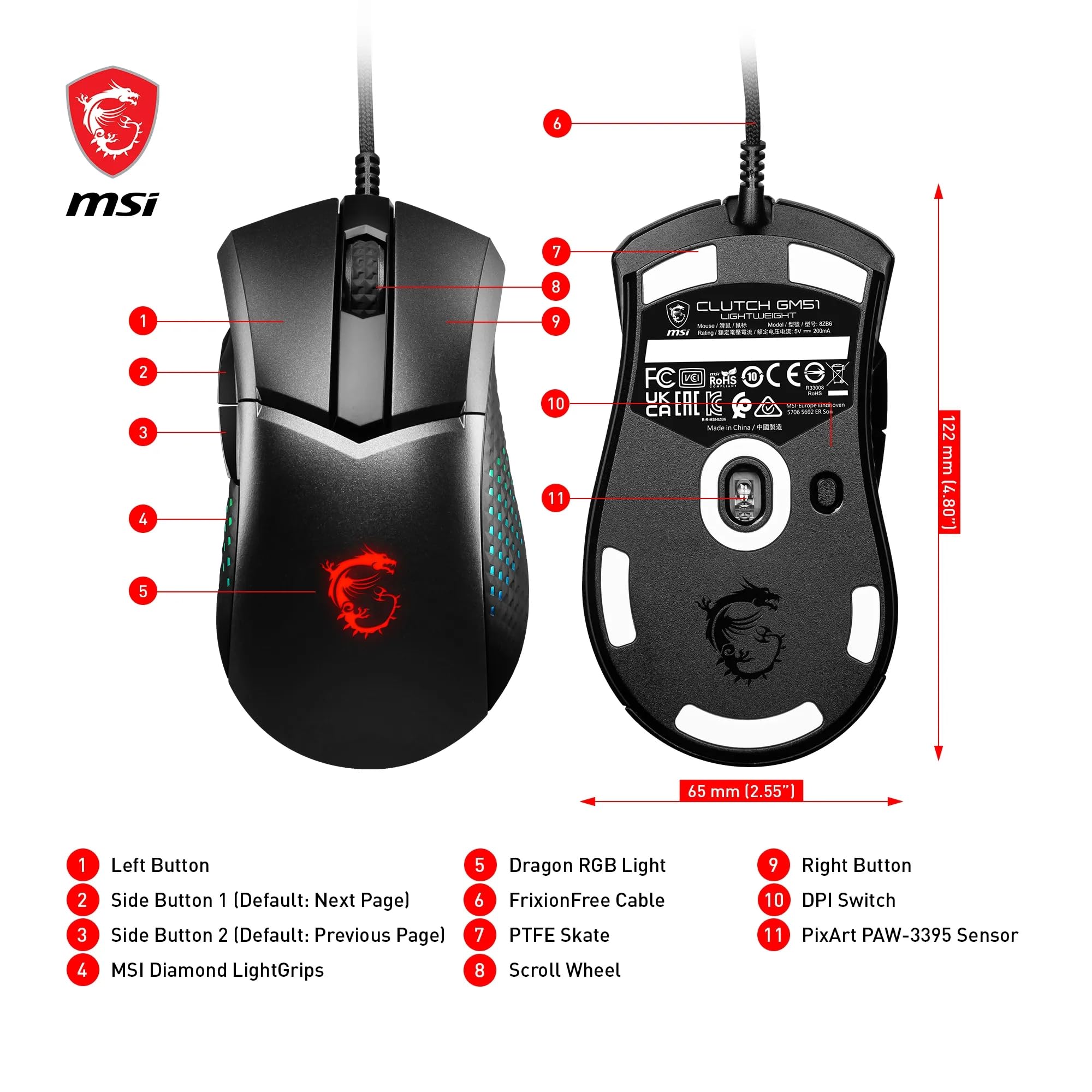 MSI CLUTCH GM51 LIGHTWEIGHT Gaming Mouse - 26000 DPI Optical Sensor, Elite 0.125ms Latency, 60M+ Click OMRON Switches, 6-Buttons, FriXionFree Cable, RGB Diamond LightGrips, 75g - Wired