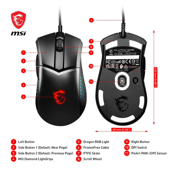 MSI CLUTCH GM51 LIGHTWEIGHT Gaming Mouse - 26000 DPI Optical Sensor, Elite 0.125ms Latency, 60M+ Click OMRON Switches, 6-Buttons, FriXionFree Cable, RGB Diamond LightGrips, 75g - Wired