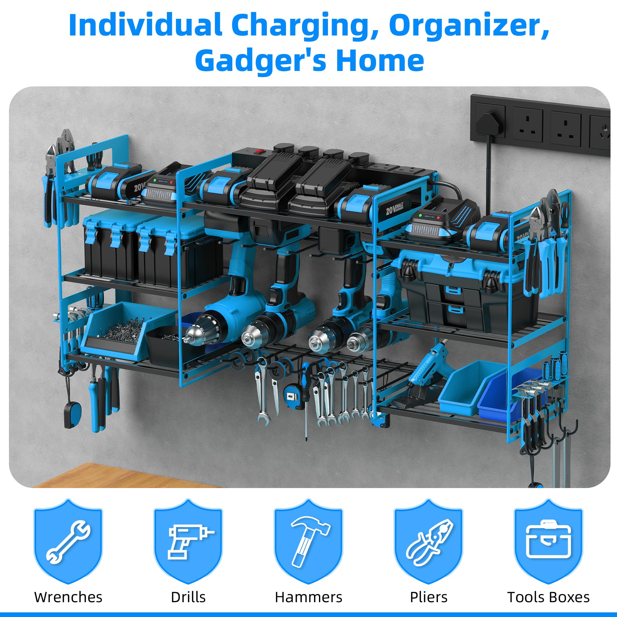 Power Tool Organizer with 6 Way Extension Lead,Large Tools Charging Station,8 Power Drill Tools Heavy Duty Drill Holder Wall Mounted Rack Utility Metal Tool Shelf Storage Organiser for Garage