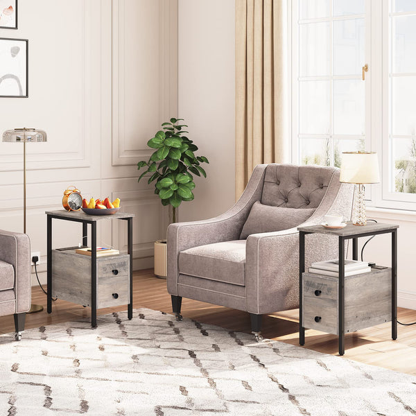 HOOBRO Side Table, Narrow Bedside Table with Charging Station, USB Ports and Power Outlets, Slim Side Table for Small Spaces, 2 Drawers, Industrial