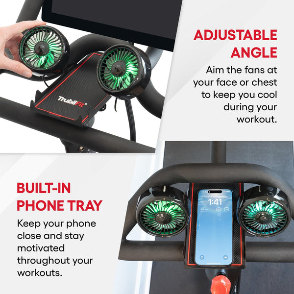 Dual Fans for Peloton Bike with Phone Tray - All Metal Phone Holder - Fan with Tray - No Batteries Required - Accessories for Peloton Bike