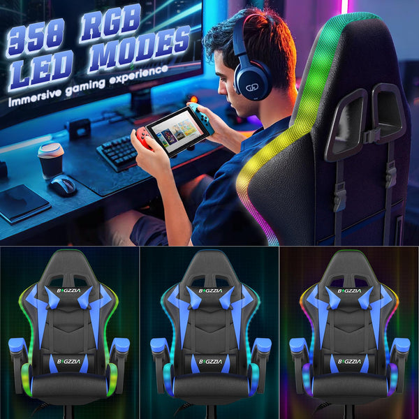 bigzzia RGB Gaming Chair with LED Lights and Ergonomic Computer Chair Reclining PU Leather High Back Video Game Chair with Headrest Adjustable Lumbar Support Linkage Armrest for Adults (Black/Grey)