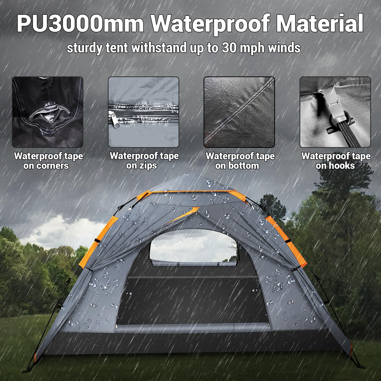 Cflity Camping Tent, 3 Man Pop Up Tent Automatic Instant Three Layer Waterproof 4 Season Large Dome Tent & Shelters with Extended Floor Mat Porch 2 Hall Poles Removable Rainfly