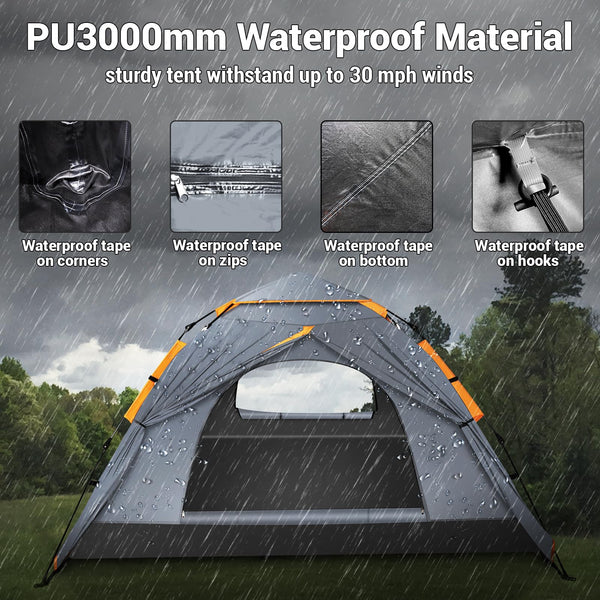 Cflity Camping Tent, 3 Man Pop Up Tent Automatic Instant Three Layer Waterproof 4 Season Large Dome Tent & Shelters with Extended Floor Mat Porch 2 Hall Poles Removable Rainfly