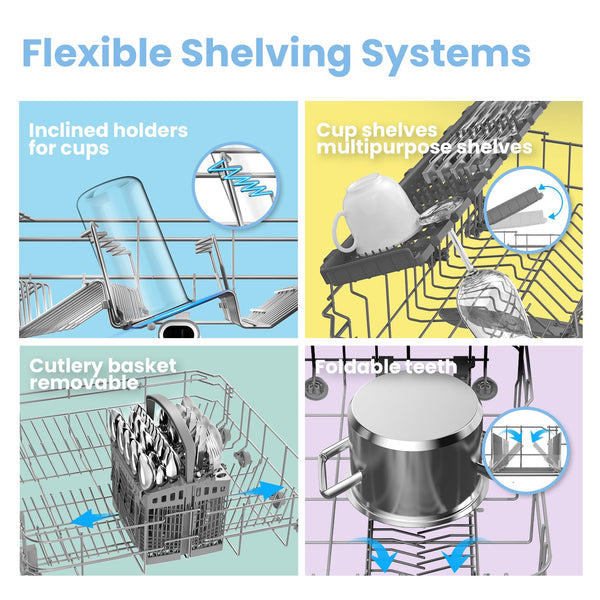 COMFEE' Freestanding Dishwasher FD1435E-X with 14 place settings, Full Size, Whisper Quiet 44dB, Wide LED Display, Delay Start, Half Load Function, Flexible Racks, Stainless Steel