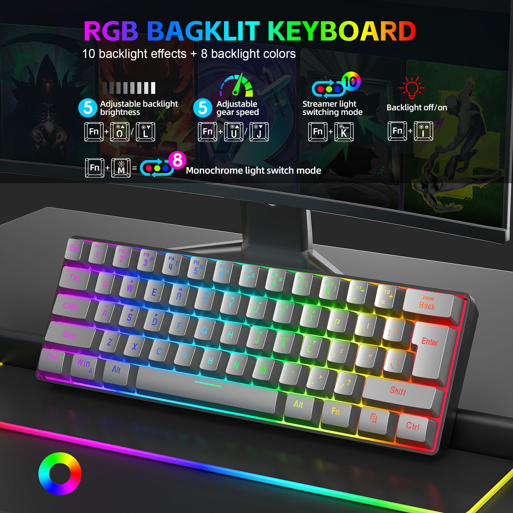 Snpurdiri 60% Wired Mechanical Gaming Keyboard, Mini 61-Key With Red Switches for PC, Windows XP, Win 7, Win 10 (Black-Red)