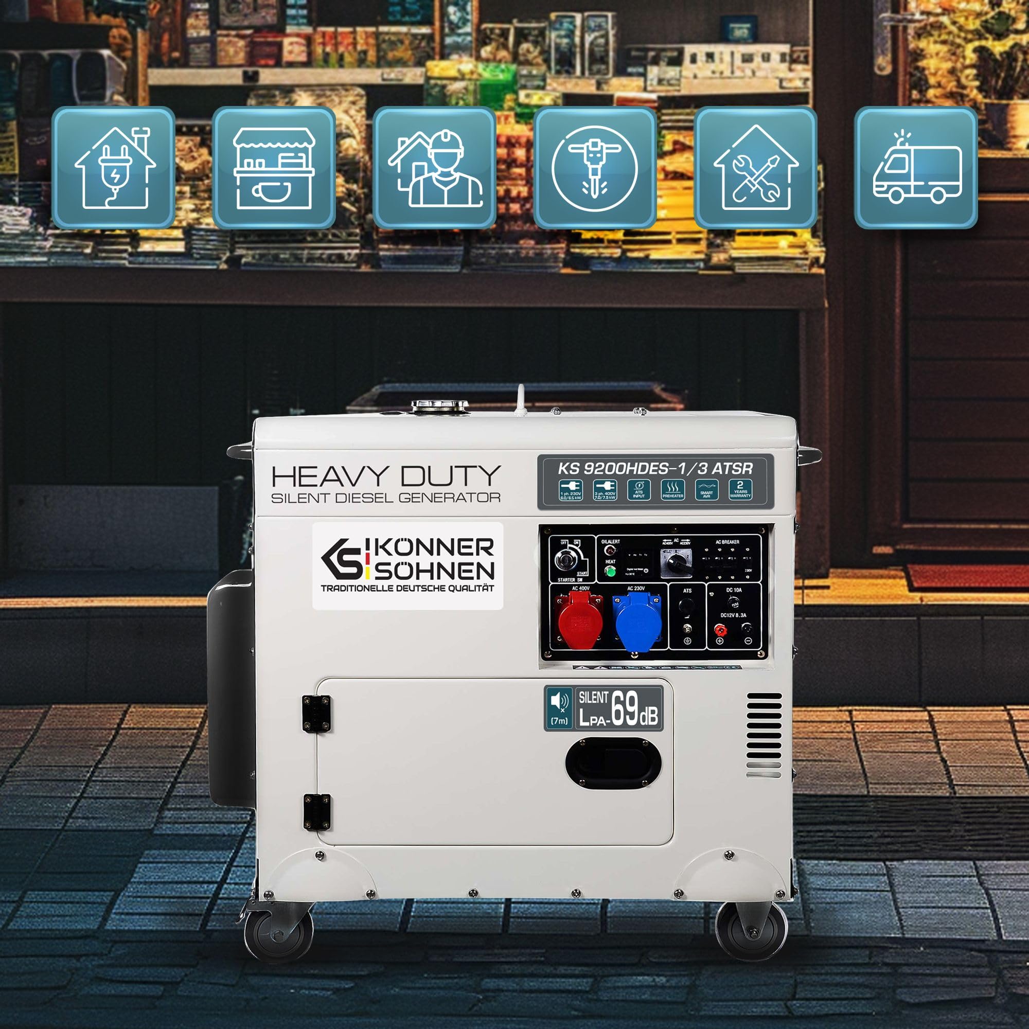 KS 9300DE-1/3 ATSR, diesel emergency generator 7500 W (400 V) / 6500 W (230 V), VTS phase switching system, diesel power generator EURO 5, LED display, air preheater, ATS connection