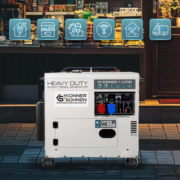 KS 9300DE-1/3 ATSR, diesel emergency generator 7500 W (400 V) / 6500 W (230 V), VTS phase switching system, diesel power generator EURO 5, LED display, air preheater, ATS connection