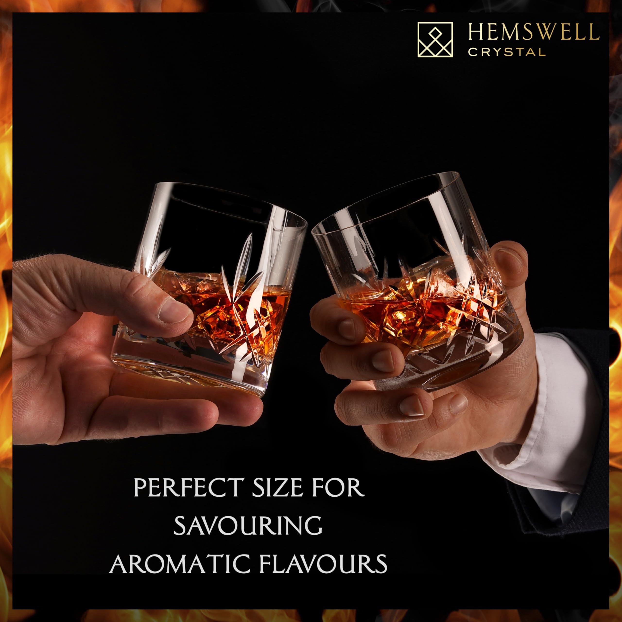 Hemswell Crystal Whisky Glasses Set of 2-310ml Crystal Whiskey Glasses - Cut Glass Tumblers - Traditional Cut Lead Free High Clarity Glass - Satin