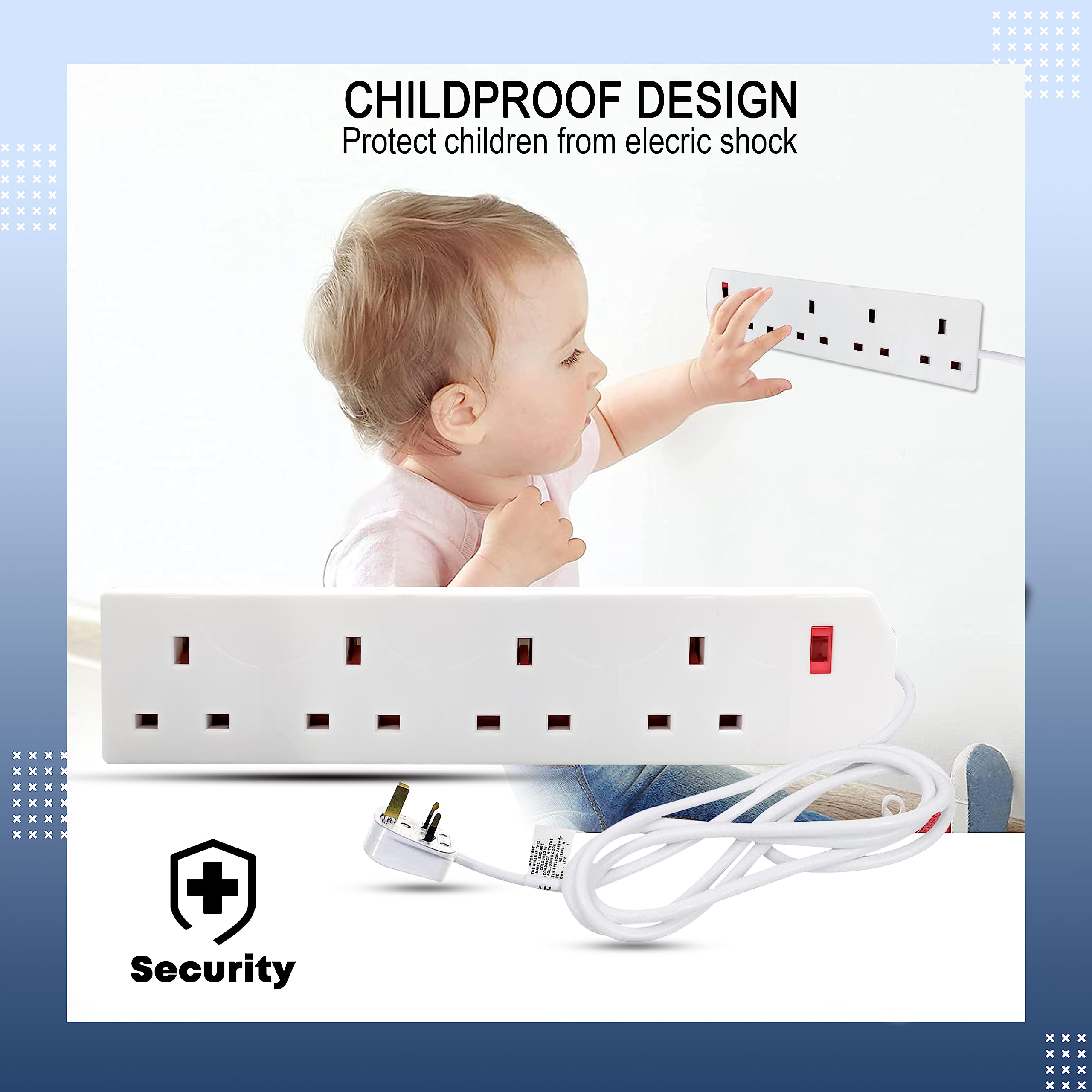 K-MART Heavy Duty Extension Lead UK Pin Plug and Cable, 4 Gang Way 2m Power Adapter, Multi Socket Mains Strip (White, 1 Pack)