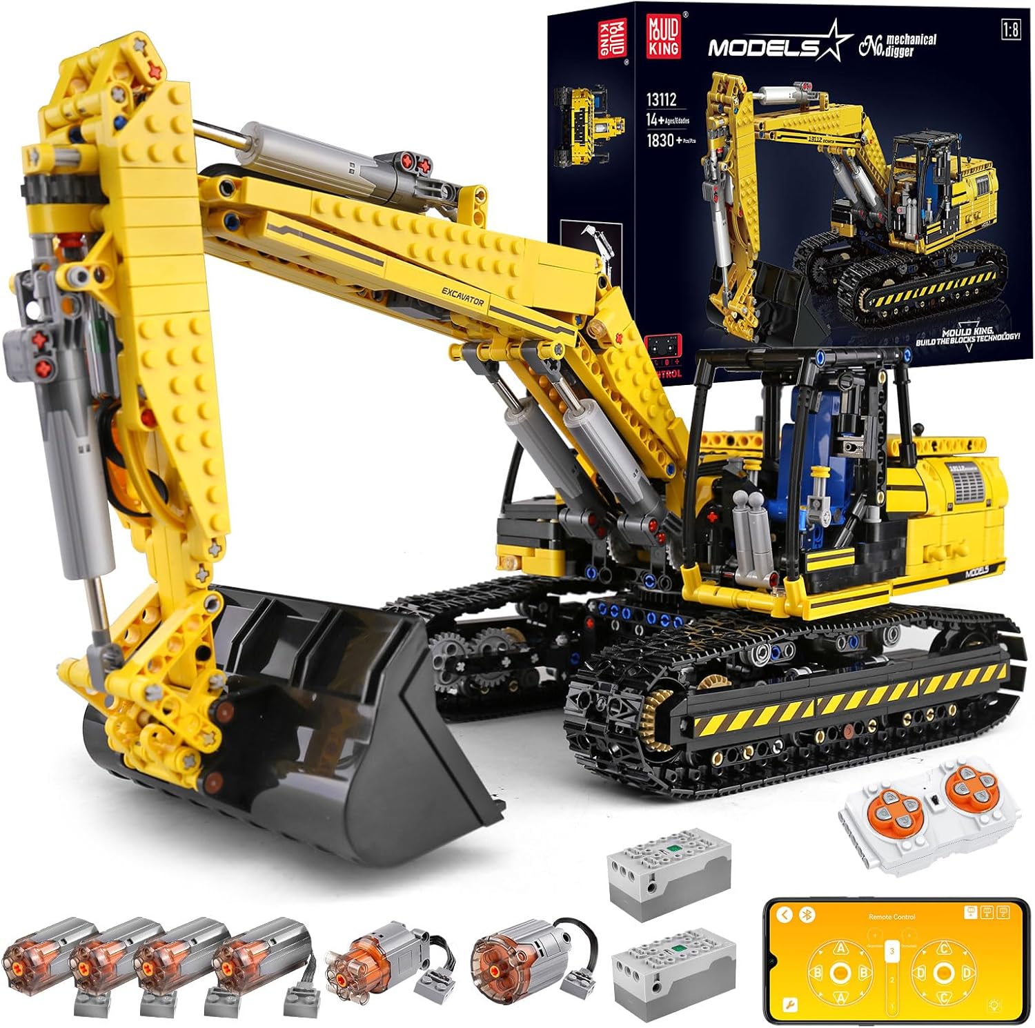 Mould King 13112 Remote Control Excavator Building Toy, APP Control Digger Kits Gift for Assembly Toy Collection Fans,Yellow