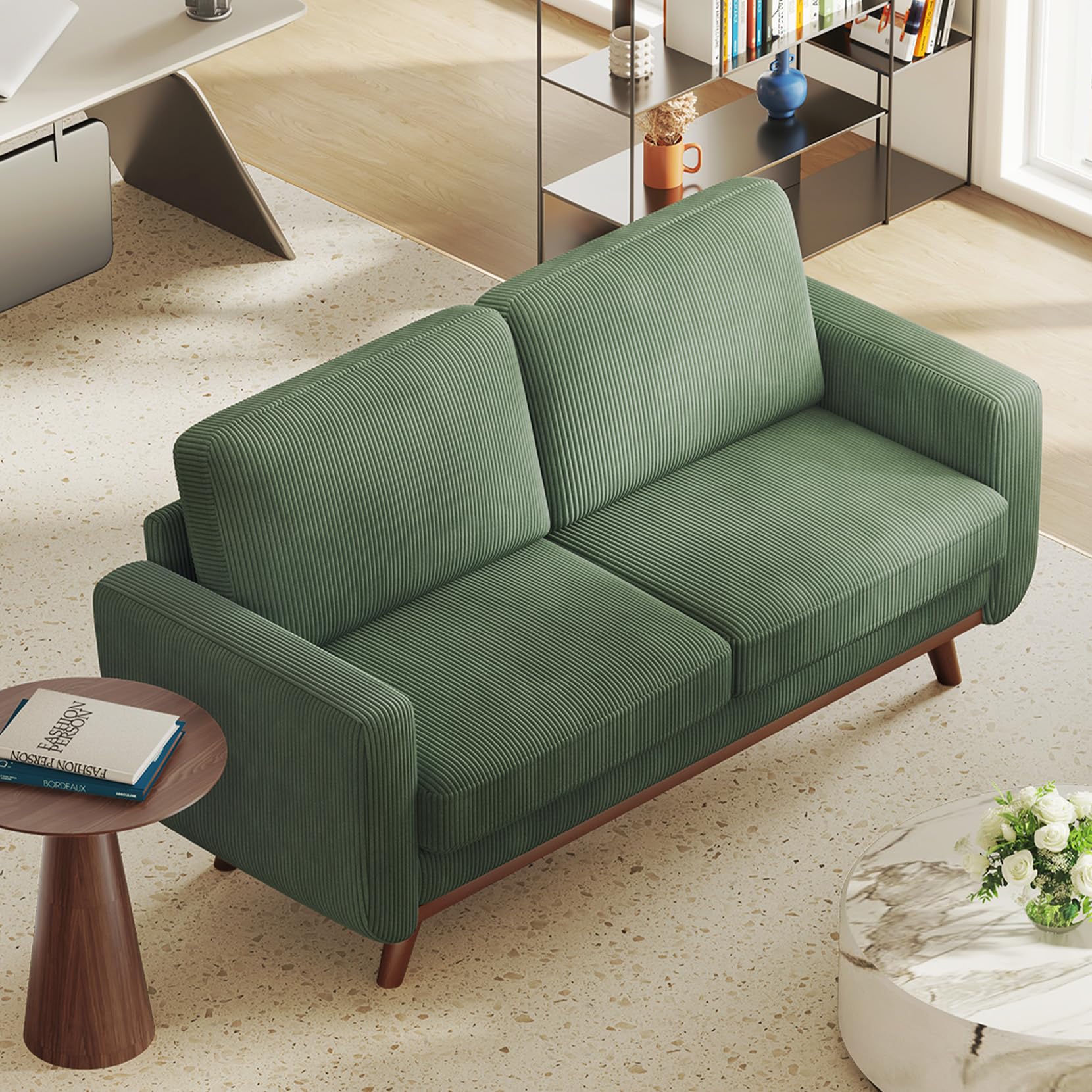 Vesgantti 172cm Loveseat Sofa Green, Comfy Corduroy Couch with Spring Cushion, 2 Seater Sofa with Solid Wood, Sofa Couch with Deep Seat, Sofa for Bedroom, Loveseat for Living Room, Green Office Couch