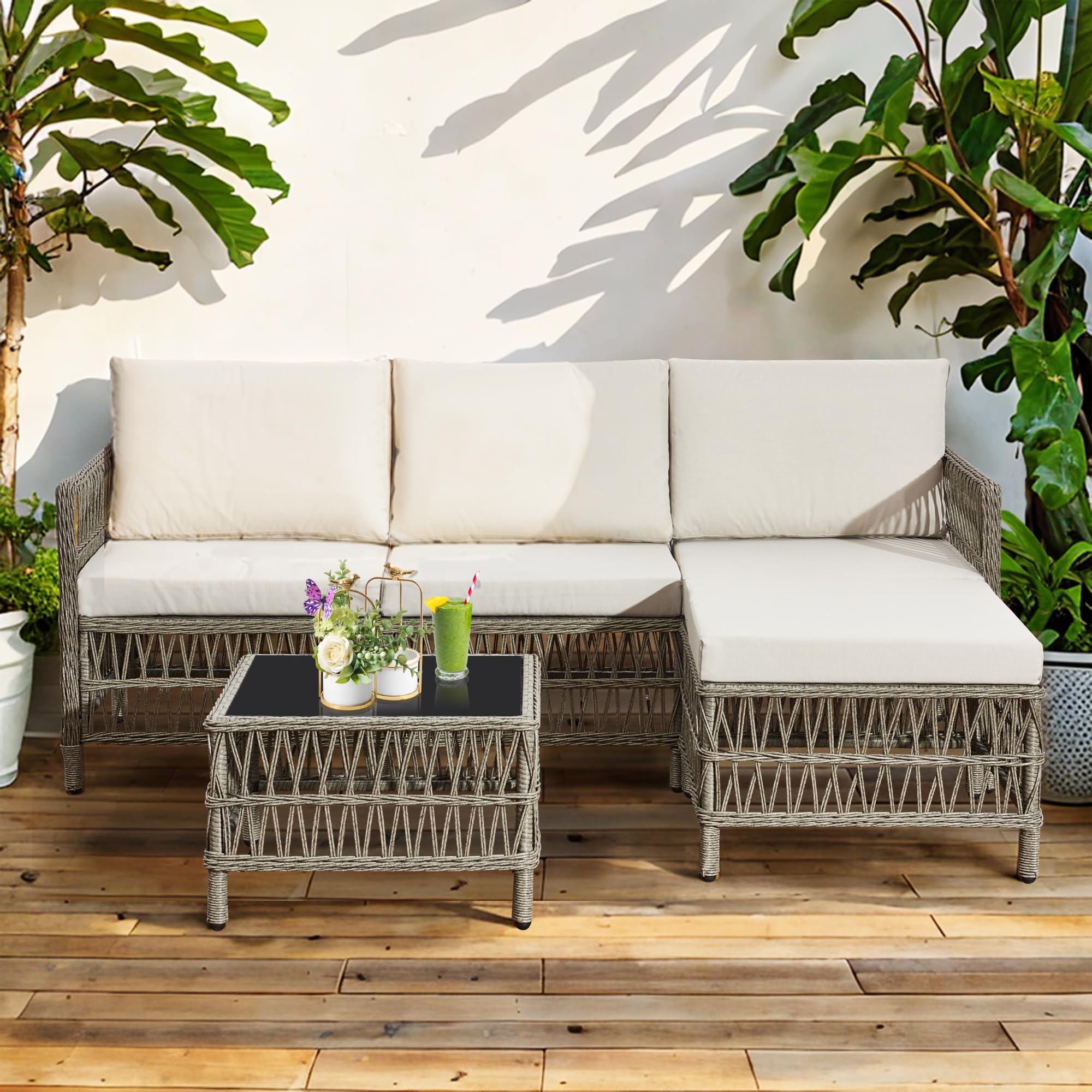 AOUXIN 3 Pieces Rattan garden furniture Patio Furniture Sets All Weather Outdoor Sectional Patio Sofa Manual Weaving Wicker Rattan Corner Sofa with Grey Cushions and Glass Table
