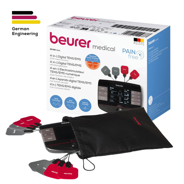 Beurer EM59 Digital TENS/EMS Device with Heat, 4-in-1 stimulation device for pain therapy, muscle stimulation, massage and heat therapy, 4 electrodes, 70 programmes, 50 intensity levels