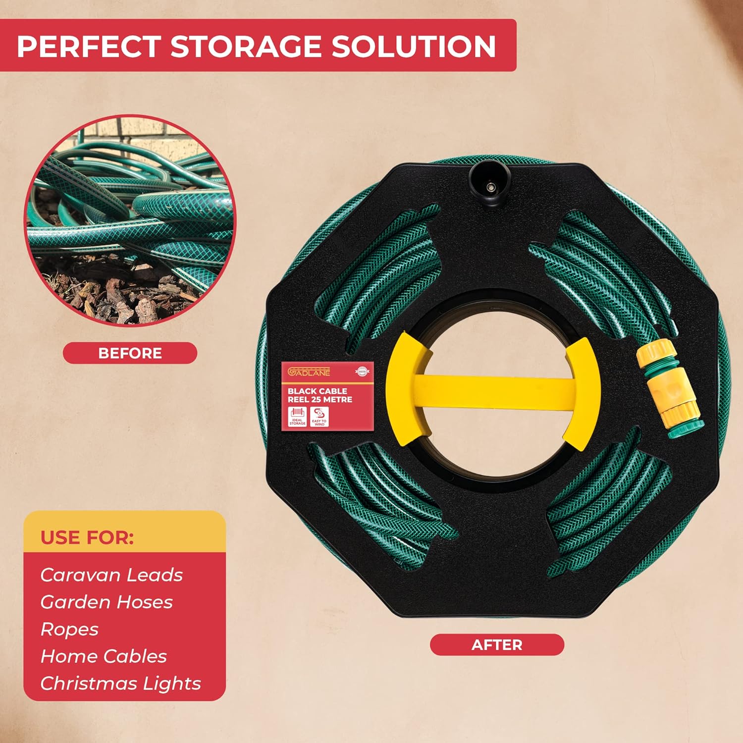 GADLANE Heavy Duty Black Cable Tidy Reel 25m - Cable Reel Empty Camping Electric Hook Up Cable Winder, Extension Lead Reel Christmas Light Storage Reel Cable Reel Holder for Caravan Leads Cables Cords