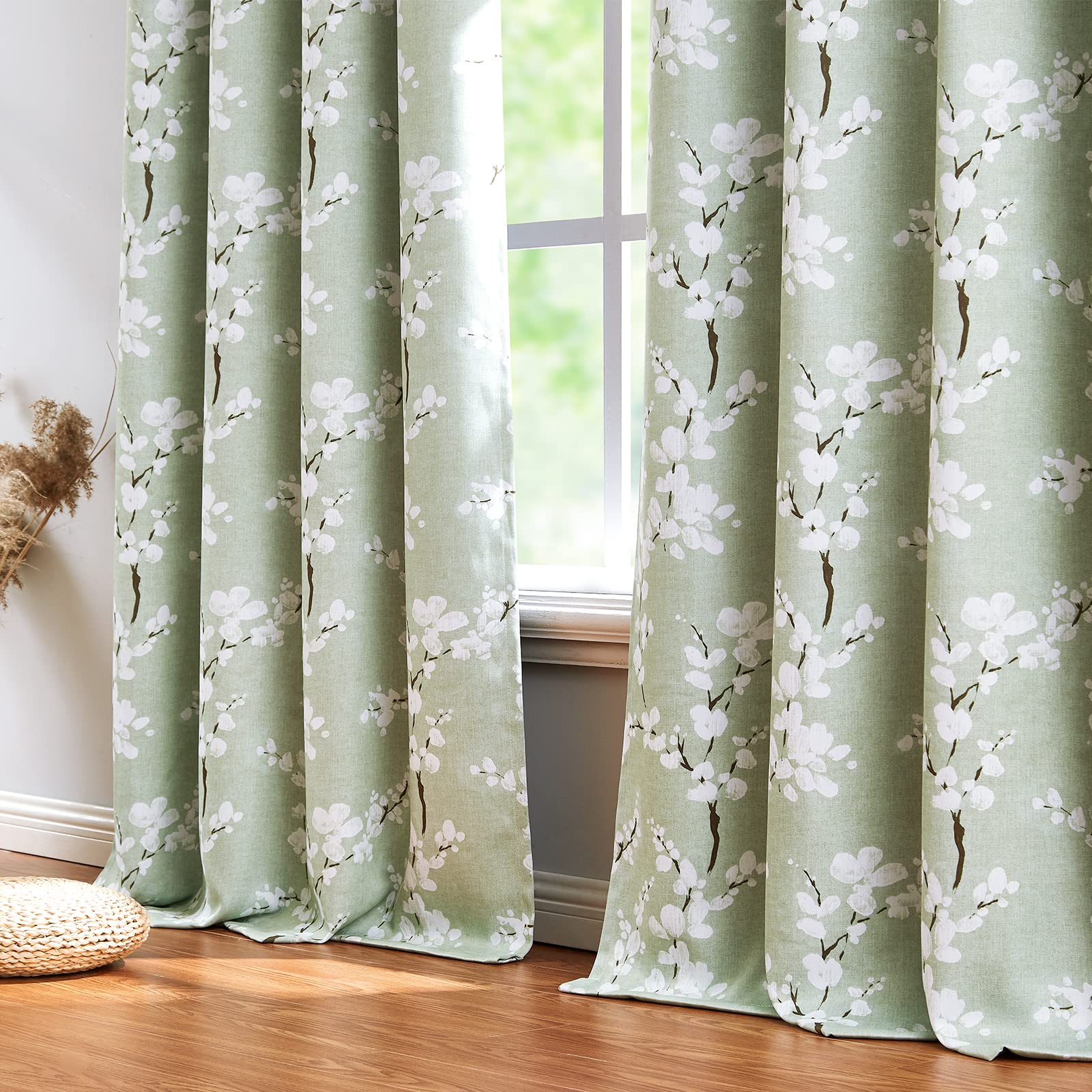 Fmfunctex Green Floral Blackout Curtains for Bedroom 54 inch Drop Eyelet Curtains for Living Room Nursary Blossom Thermal Insulated Window Curtain