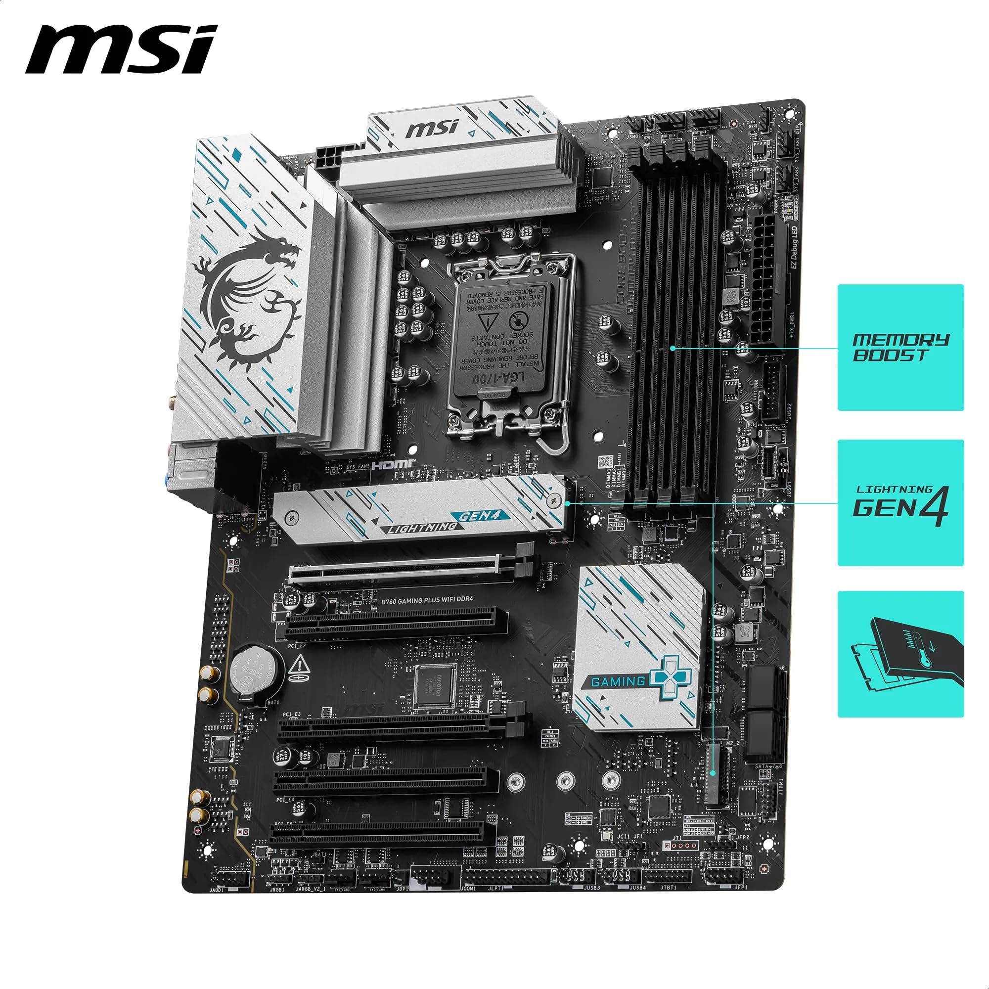 MSI B760 GAMING PLUS WIFI DDR4 Motherboard, ATX - Supports Intel 14th, 13th & 12th Gen Core Processors, LGA 1700 - DDR4 Memory Boost 5333+MHz/OC, 1x PCIe 4.0 x16, 2 x M.2 Gen4, 2.5G LAN, Wi-Fi 6E