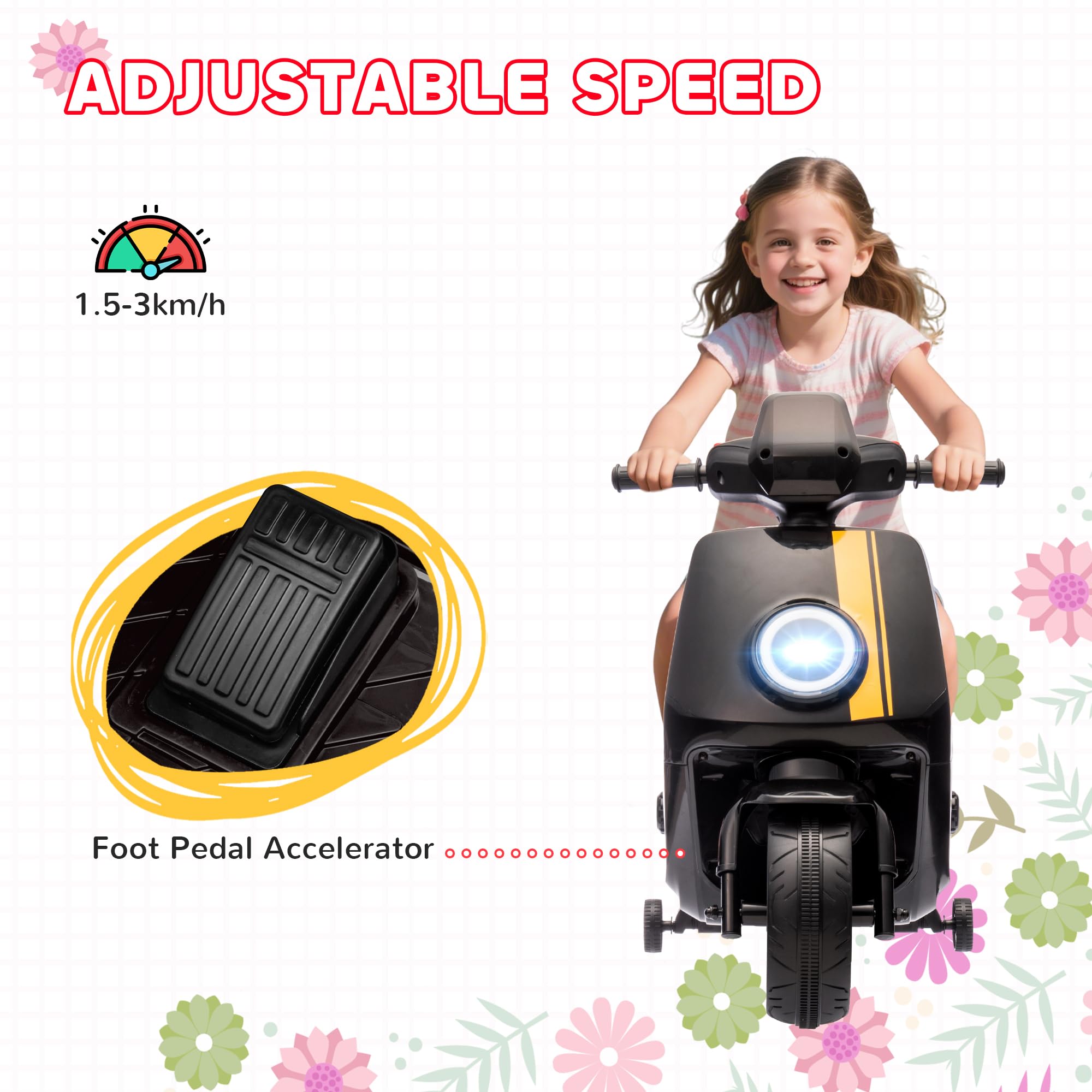 AIYAPLAY 6V Kids Electric Motorbike, Ride on Motorbike with Headlight, Music, Forward Reverse, Training Wheels, for Ages 18-36 Months, Black