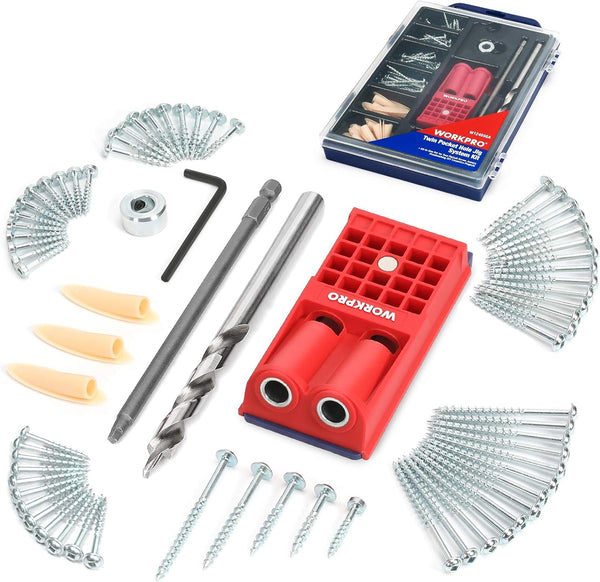 WORKPRO - Complete Pocket Hole Drilling Jig Kit - 125 Pieces - Jig Kit with 100 Self Tapping Screws and 20 Plugs - Woodworking Guide - Woodworking Oblique Hole Positioner