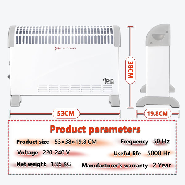 DONYER POWER Convector Radiator Heater 2000W Room Heating with Adjustable Thermostat and 24-HR-Timer Oil-Free