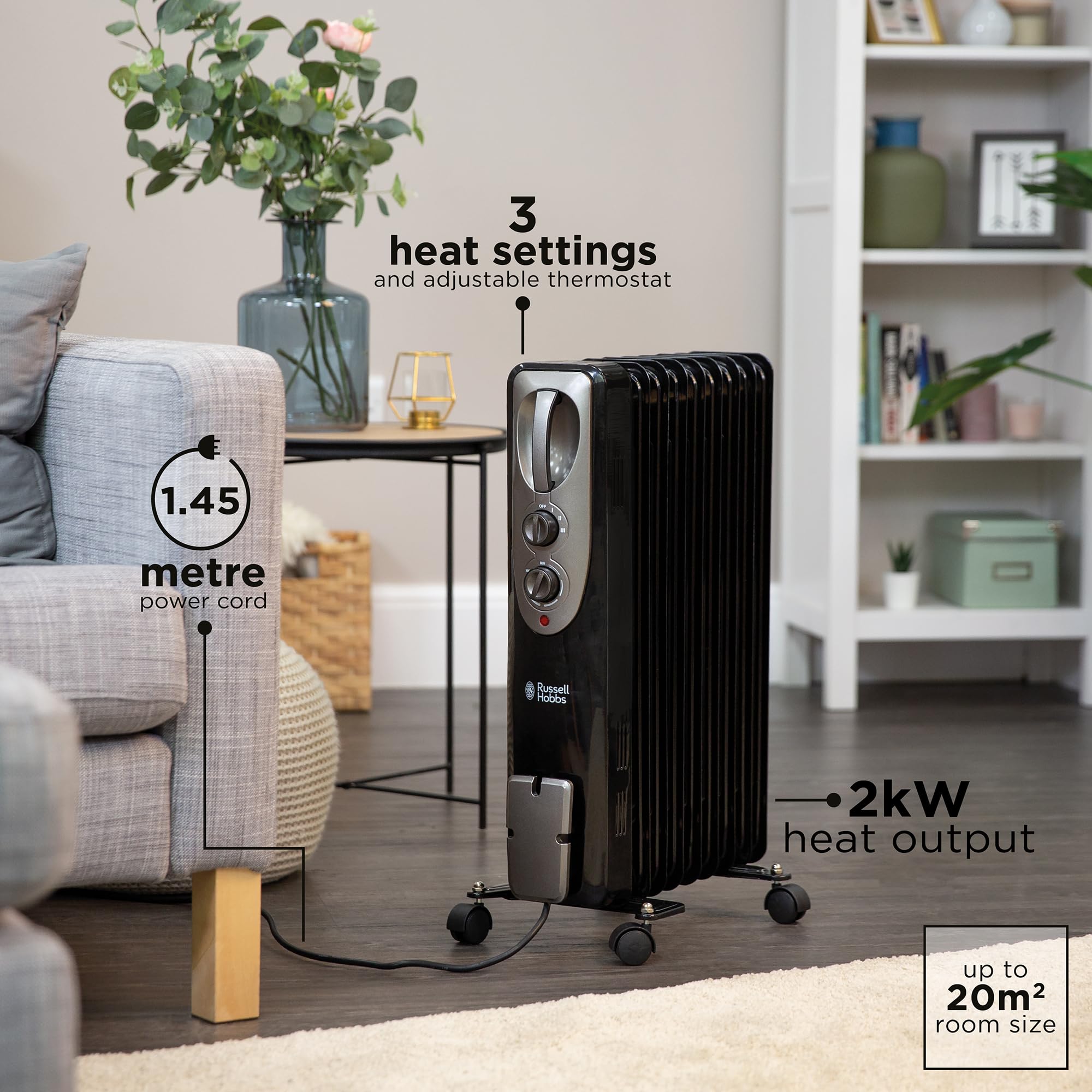 Russell Hobbs 1500W/1.5KW Oil Filled Radiator, 7 Fin Portable Electric Heater - White, Adjustable Thermostat with 3 Heat Settings, Safety Cut-off, 15 m sq Room Size, RHOFR5001, 2 Year Guarantee