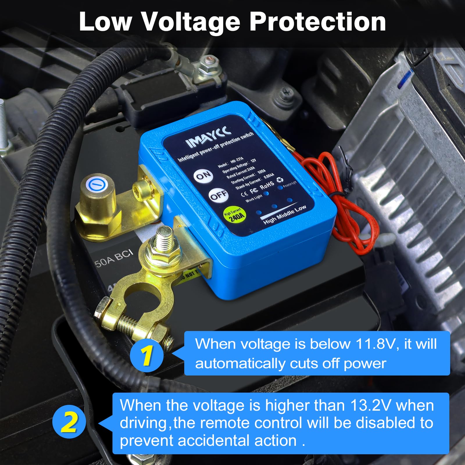IMAYCC Kill Switch for Car, Remote Battery Disconnect Switch 12V 240A, Battery Iisolator 12V, Car Battery Kill Switch Anti Theft, Automatic Cut/Shut Off Switch for Auto,RV, ATV,Truck, Boat.