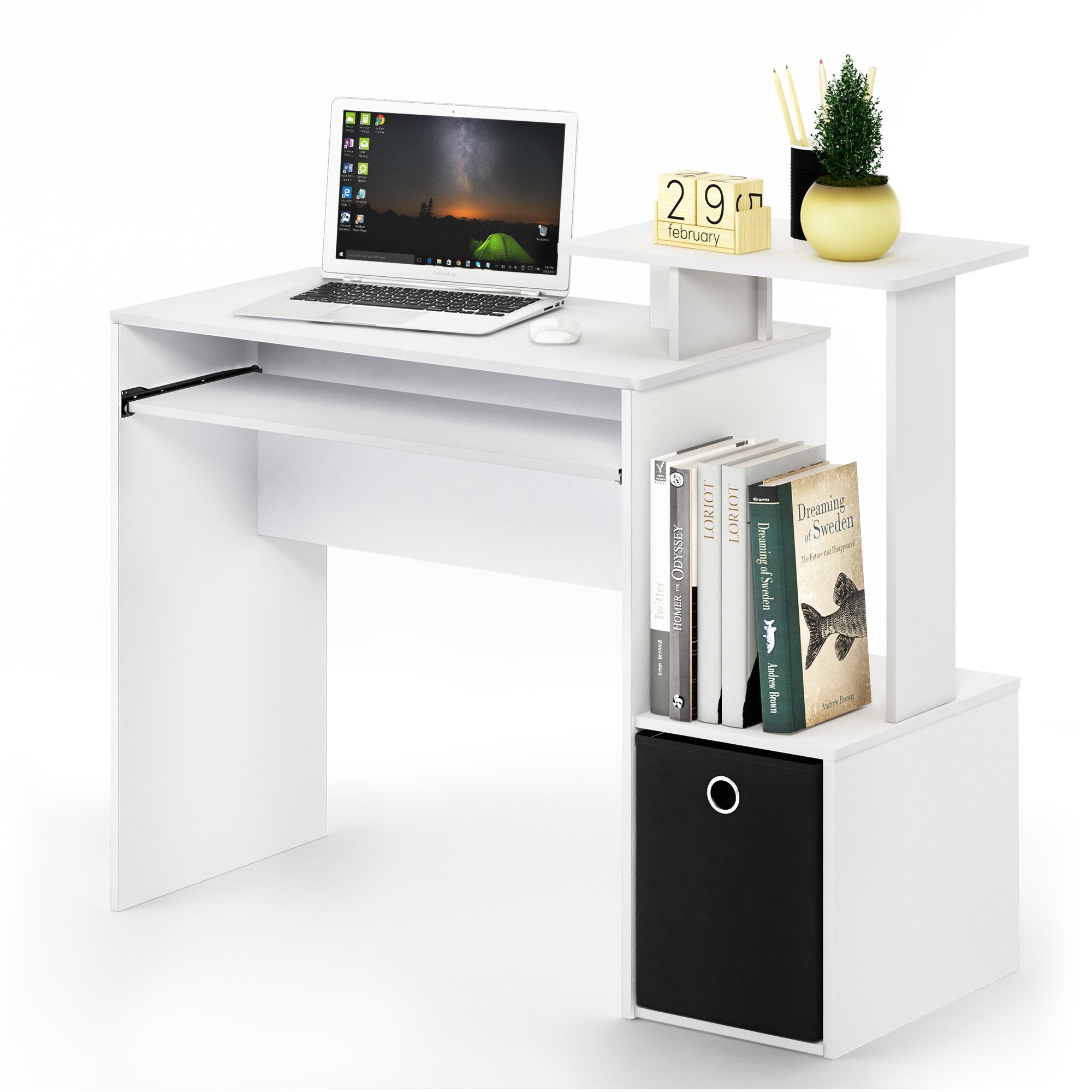 Furinno Econ Multipurpose Home Office Computer Writing Desk, Computer Desk, Study Desk, w/Bin, White/Black, 100.1 (W) x 86.6 (H) x 39.9 (D) cm
